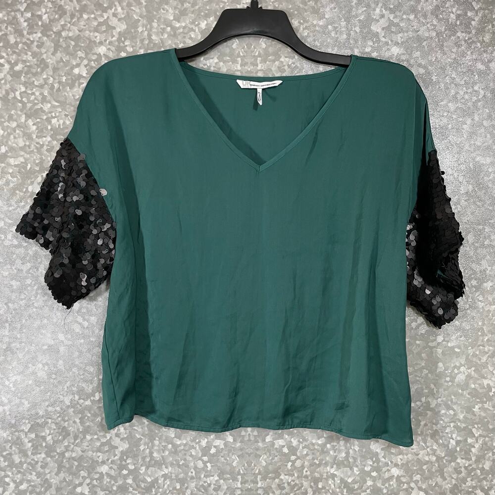 French Connection Women's Green Sequin Sleeve Crop Top - Size Large Petite (PL)